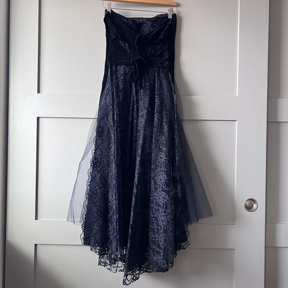 Strapless Velvet Lace Dress Womens XS‎ Black Blue Tulle Bow Evening Formal